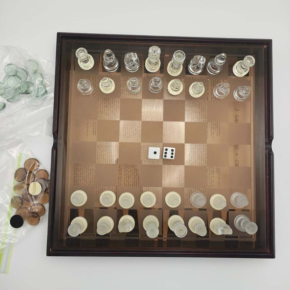Vintage 3 in 1 Game Set Glass Chess Backgammon Checkers Wood Frame Box 12x12